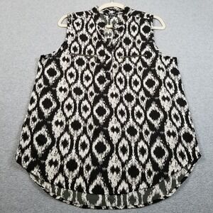 Time To Bloom Tank Top Women M Medium Black White Ikat Zipper Accents Sleeveless